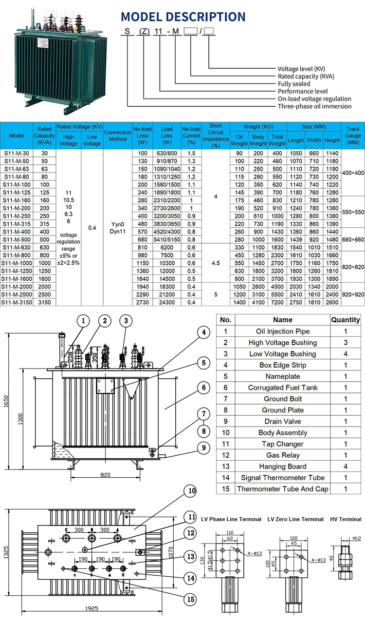 Custom 200 250 300 315 350 400 500 600 630 700 750 800 kVA 10kv 11kv 0.4kv Three Phase 3 Stepdown Electric Oil Immersed Power Distribution Transformer